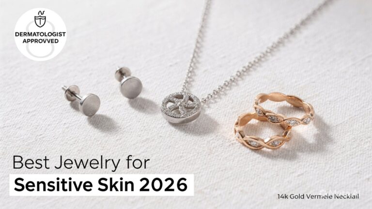 Flat lay of hypoallergenic jewelry for sensitive skin on soft linen fabric, featuring titanium stud earrings, surgical stainless steel chain necklace, and 14k gold vermeil rings. Text overlay reads “Best Jewelry for Sensitive Skin 2026: Hypoallergenic, Nickel-Free, and Dermatologist-Approved” with a small dermatologist-approved badge icon.