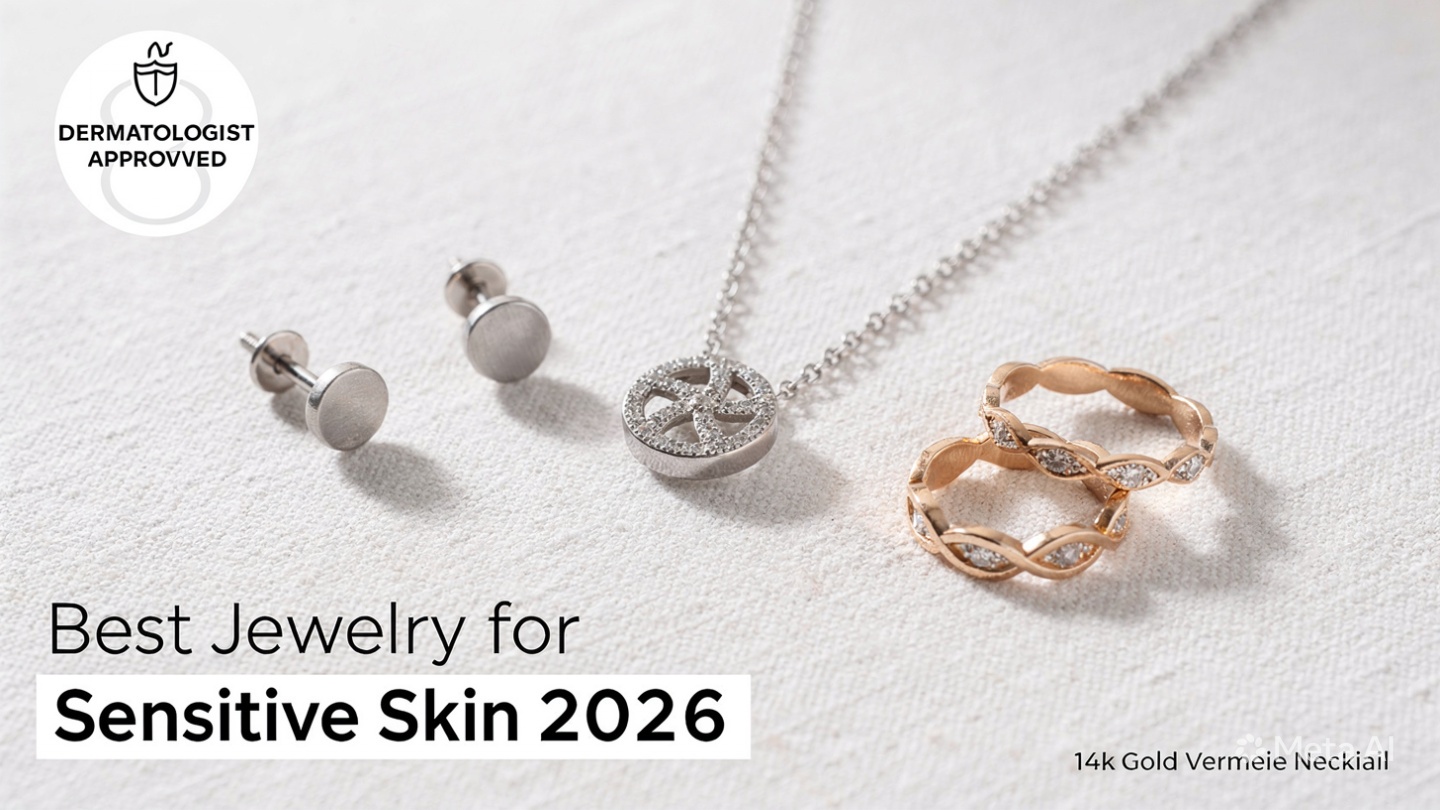 Flat lay of hypoallergenic jewelry for sensitive skin on soft linen fabric, featuring titanium stud earrings, surgical stainless steel chain necklace, and 14k gold vermeil rings. Text overlay reads “Best Jewelry for Sensitive Skin 2026: Hypoallergenic, Nickel-Free, and Dermatologist-Approved” with a small dermatologist-approved badge icon.