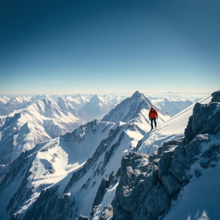 Climber in orange jacket ascending a snow-dusted mountain ridge with vast peaks stretching to the horizon.