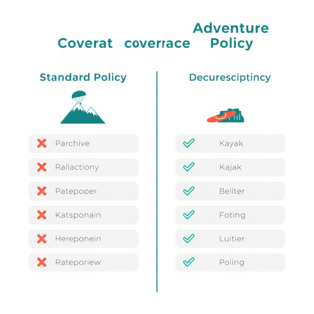 Flat vector chart comparing standard vs adventure travel insurance activity coverage with icons and checkmark indicators.
