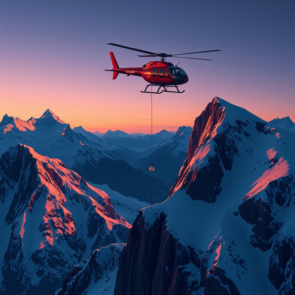 Helicopter rescue operation above a snow-covered alpine peak at dusk with a rescue line descending toward a rocky ledge.