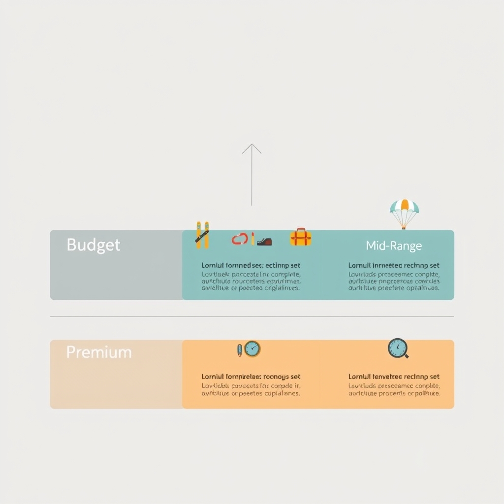 Three-tier infographic showing activity icon sets included at budget, mid-range, and premium adventure insurance levels.