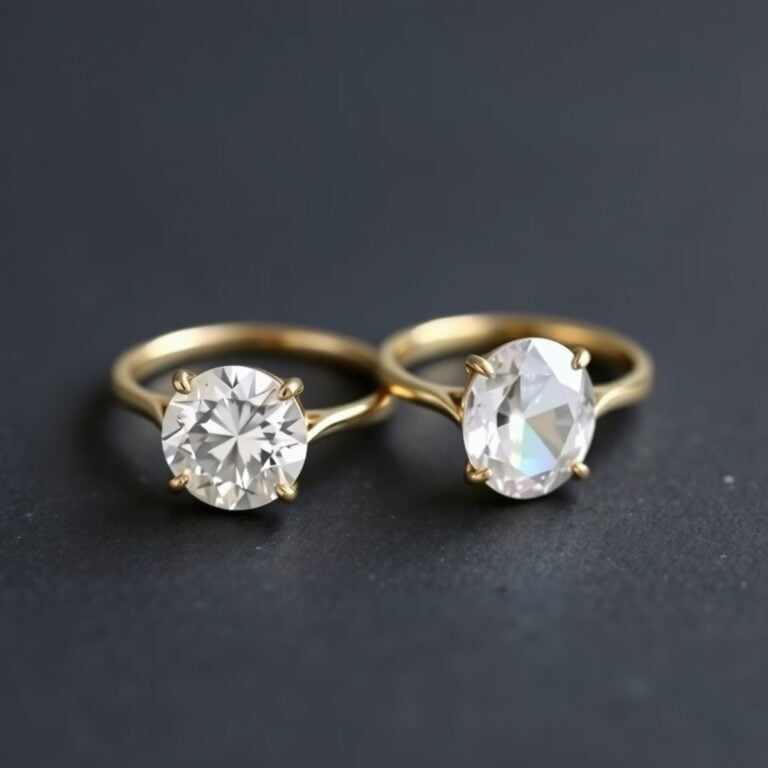 Two solitaire engagement rings side by side on slate, showing the contrast between lab diamond and moissanite sparkle