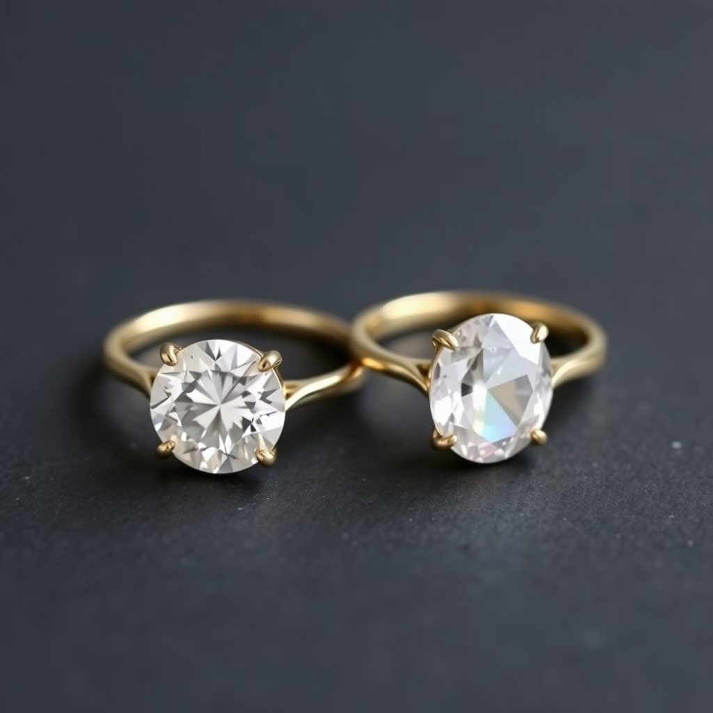 Two solitaire engagement rings side by side on slate, showing the contrast between lab diamond and moissanite sparkle