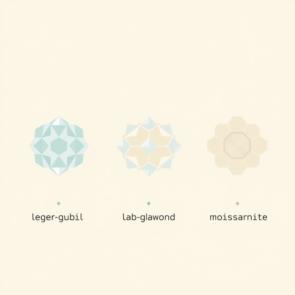 Flat vector diagram of three crystal structures side by side illustrating the molecular difference between diamond and moissanite
