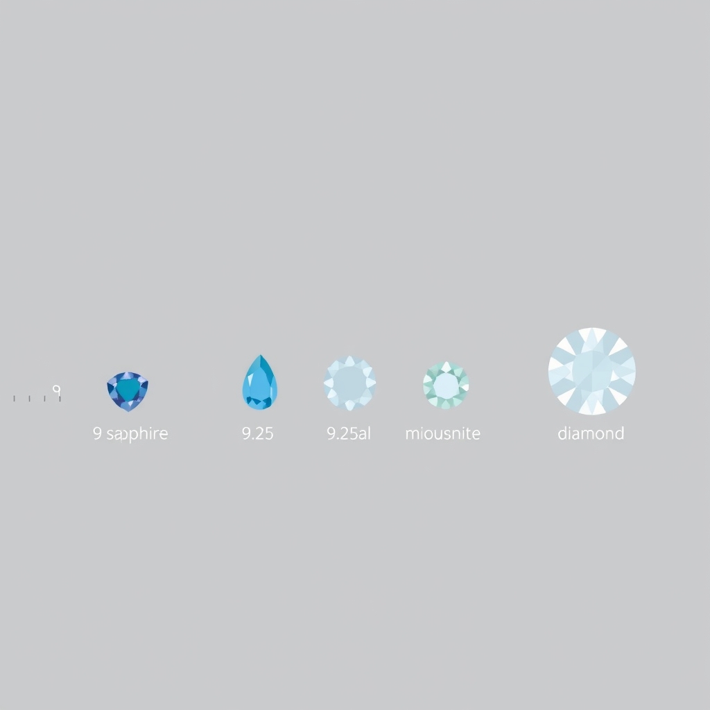 Flat vector illustration of the Mohs hardness scale showing sapphire, moissanite, and diamond marker positions from 9 to 10
