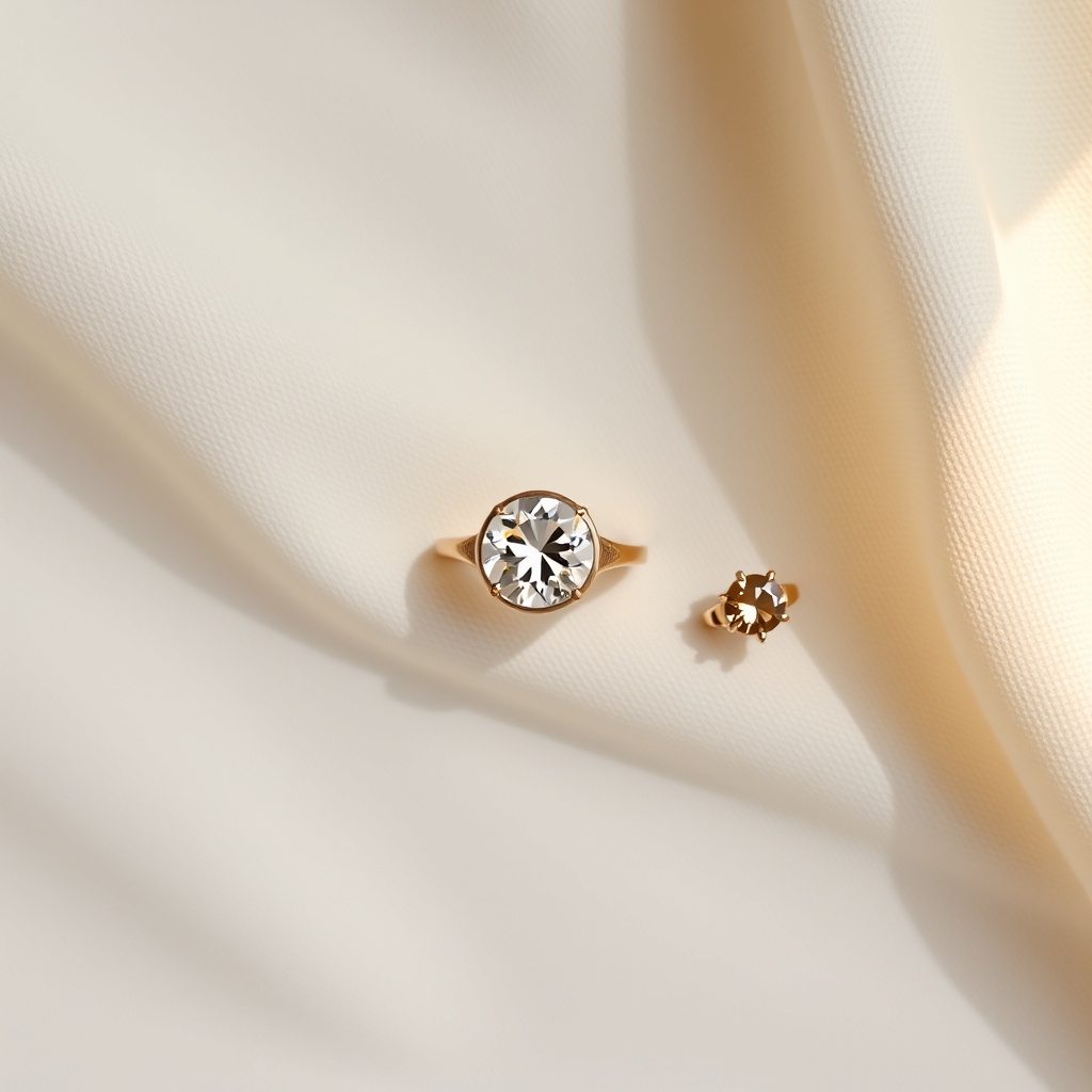 Three engagement rings with different stone types arranged in an arc on cream linen, illustrating the range from moissanite to lab diamond