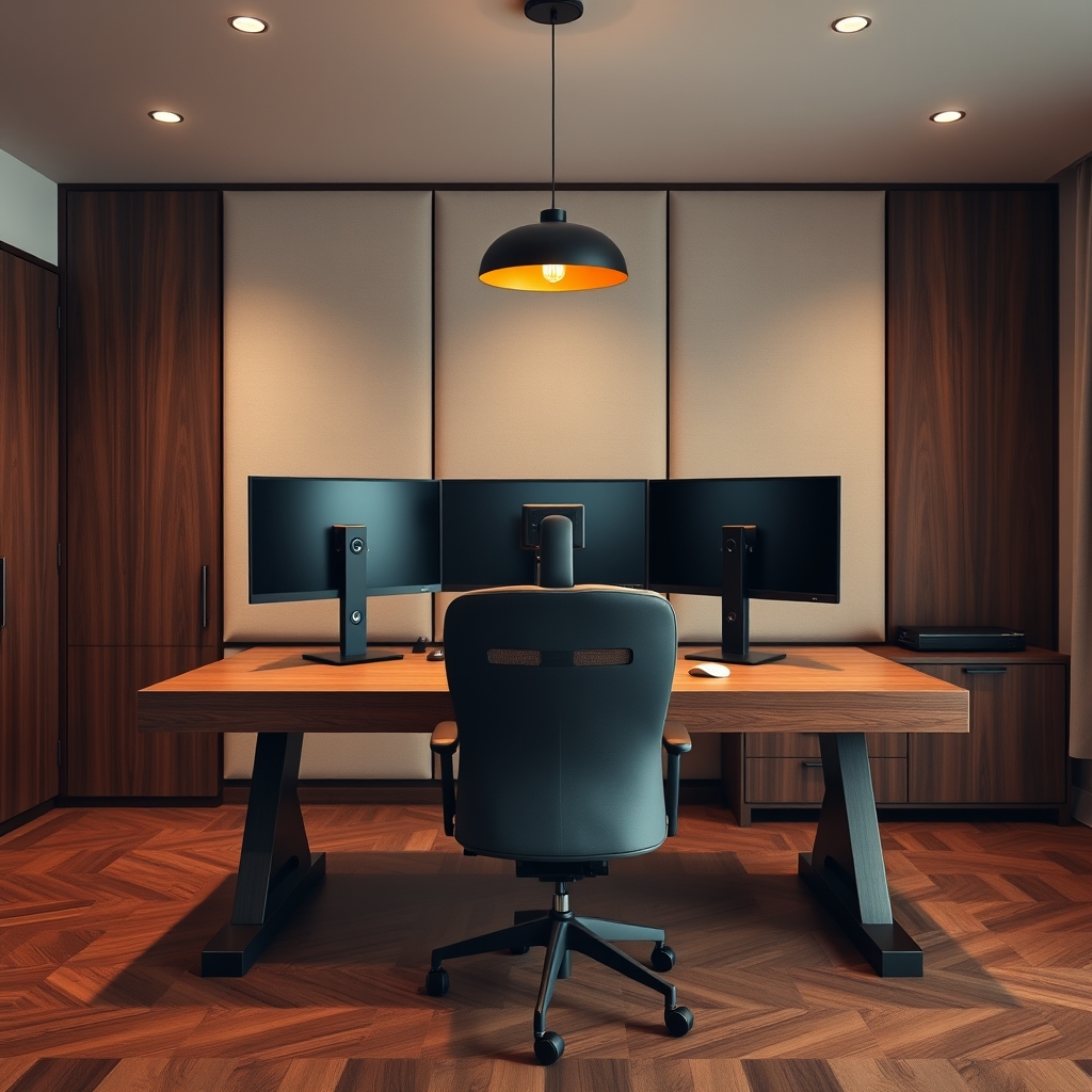 affordable home office — Premium home office with wide wooden standing desk, ergonomic chair, three monitors on arms, warm pendant lighting, acoustic panels, and walnut credenza.