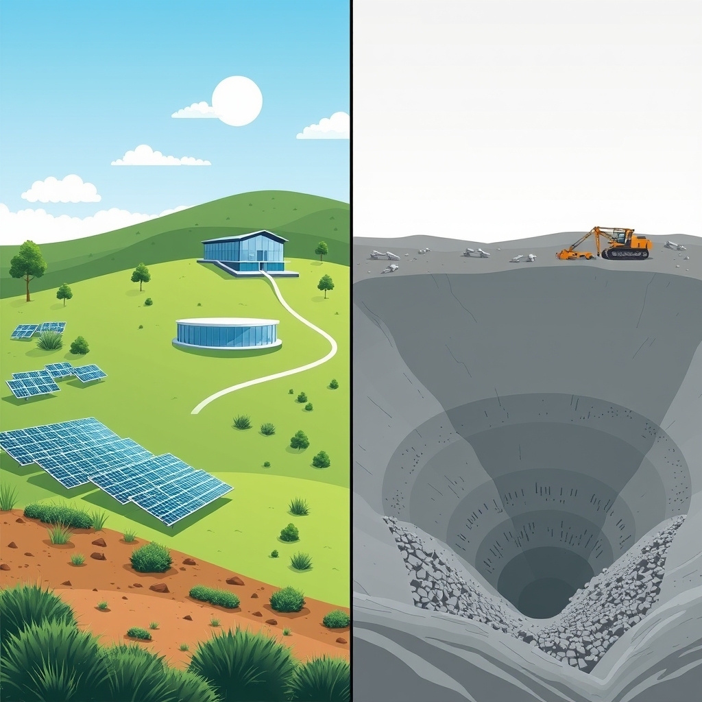affordable lab diamond rings — Split illustration contrasting a clean modern diamond lab on green land versus a large open-pit mining operation
