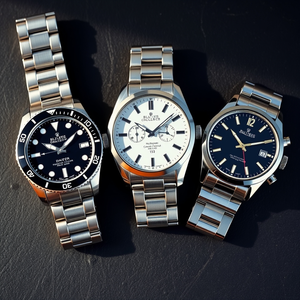 affordable luxury watches — Three stainless steel mechanical watches arranged on dark slate, lit from the side to reveal dial and case textures
