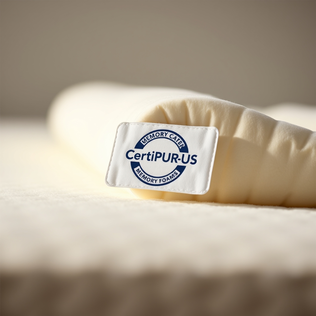 affordable memory foam mattress — CertiPUR-US certification label resting on a memory foam mattress surface, highlighting foam quality and chemical safety testing.