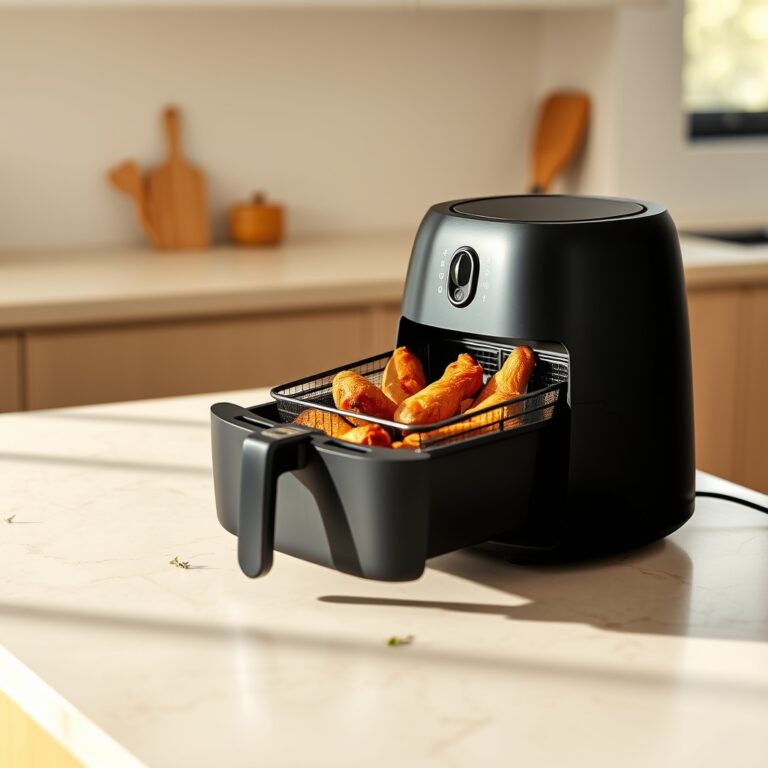 air fryer cooking performance — A black air fryer with its basket open showing golden-brown chicken wings, sitting on a marble kitchen counter.