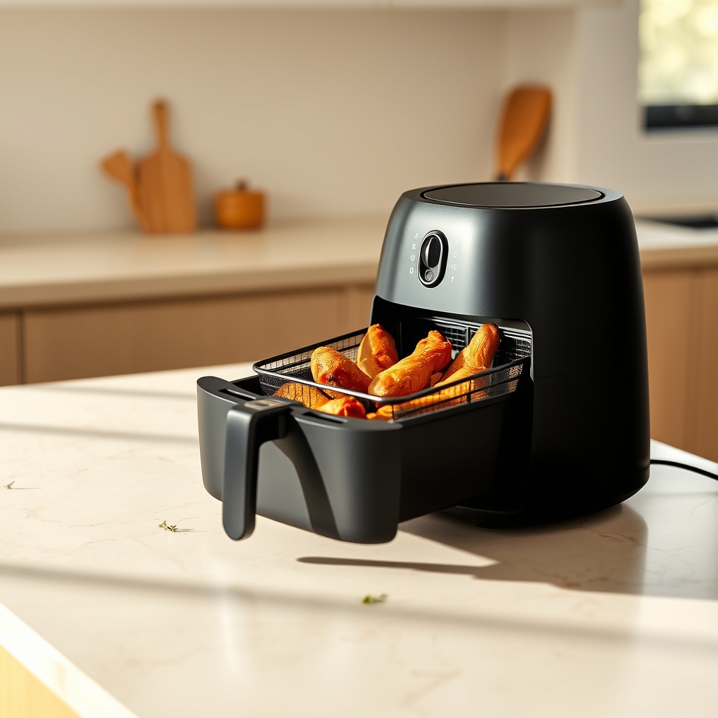 air fryer cooking performance — A black air fryer with its basket open showing golden-brown chicken wings, sitting on a marble kitchen counter.