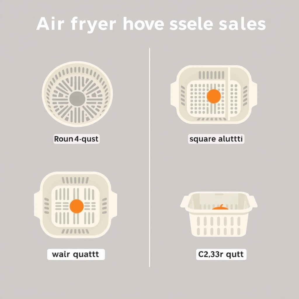 air fryer reviews — Flat vector diagram comparing four air fryer basket sizes and shapes from a top-down view, with relative volume indicated by arrows.