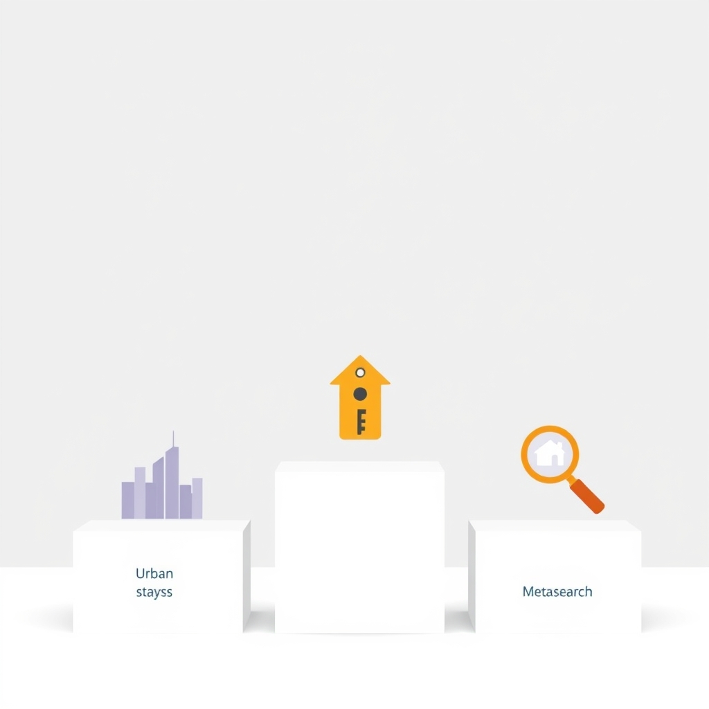 airbnb vs vrbo — Three podiums of varying heights representing vacation rental platforms, each decorated with icons for city stays, full homes, and search.
