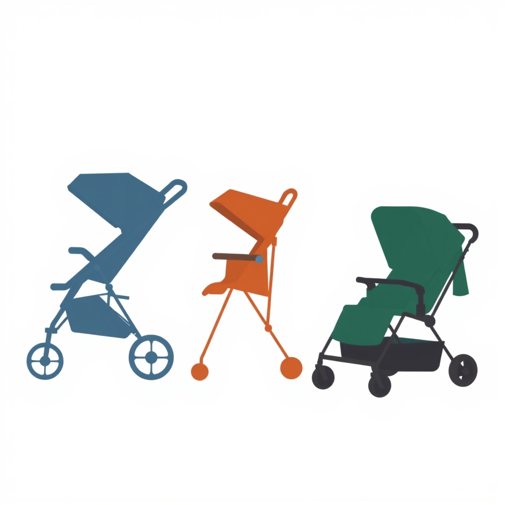 all-terrain stroller — Flat vector diagram showing three stroller types side by side: jogging, lightweight travel, and all-terrain silhouettes.