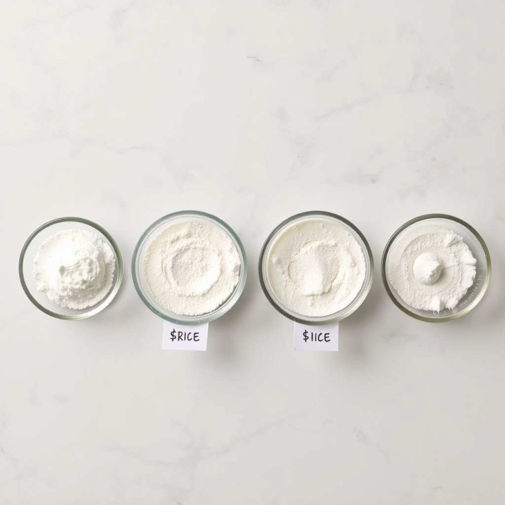 ancient nutrition collagen peptides review — Four small glass bowls of collagen powder on white marble representing different price tiers from budget to premium