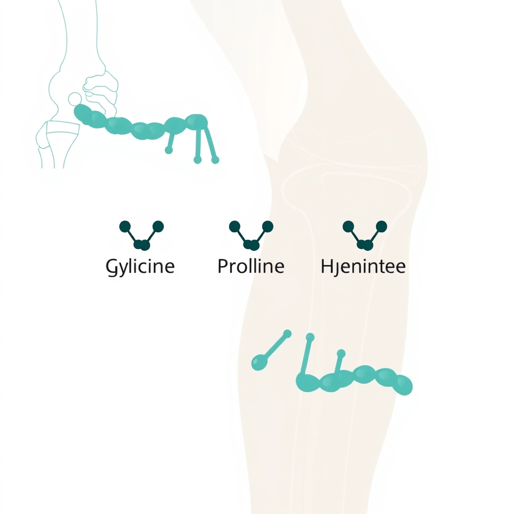 ancient nutrition collagen peptides — Illustration of a collagen triple-helix strand formed by glycine, proline, and hydroxyproline molecular icons beside a knee joint diagram