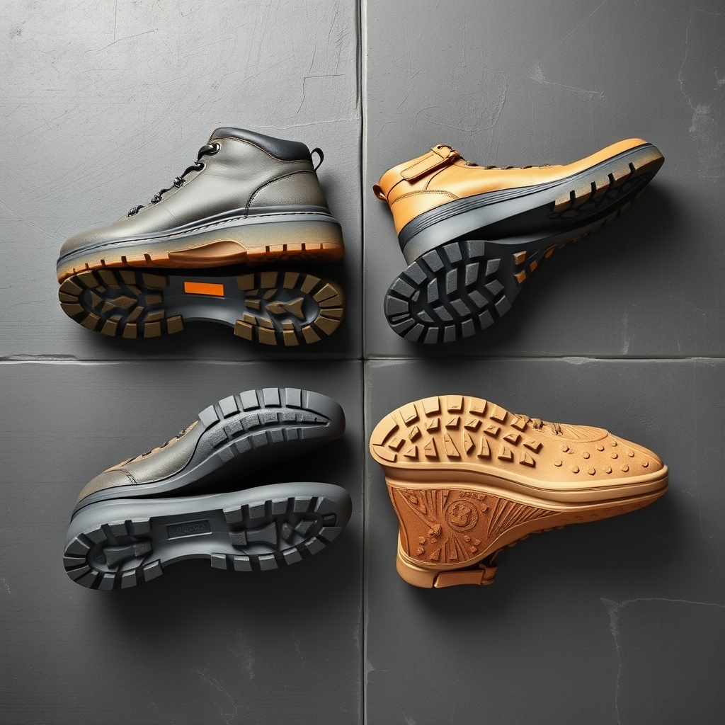 ankle support hiking boots — Overhead flat-lay of four hiking boot outsoles showing varying lug depths and tread patterns side by side