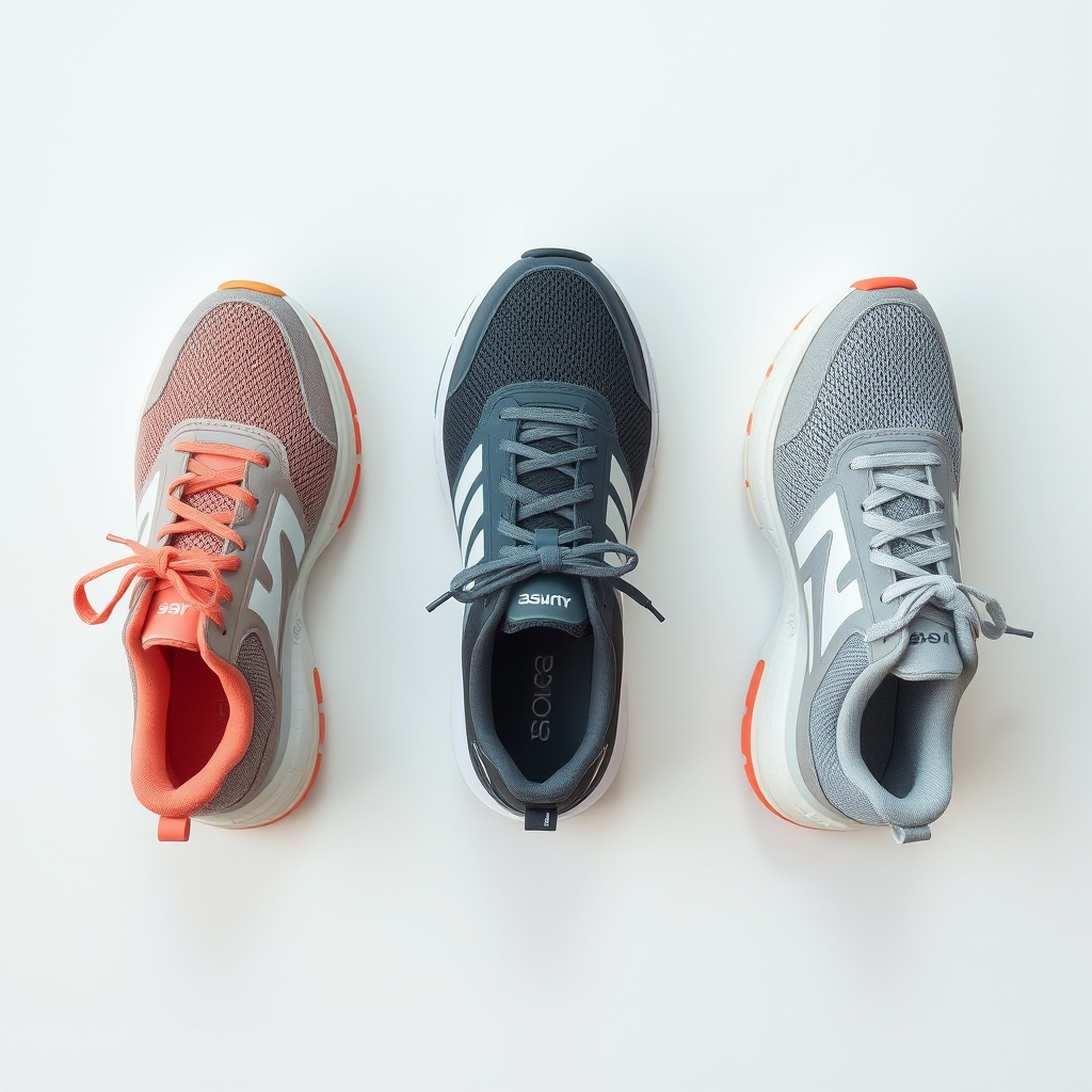arch support running — Three running shoes side by side on white surface representing neutral, stability, and cushioned shoe categories