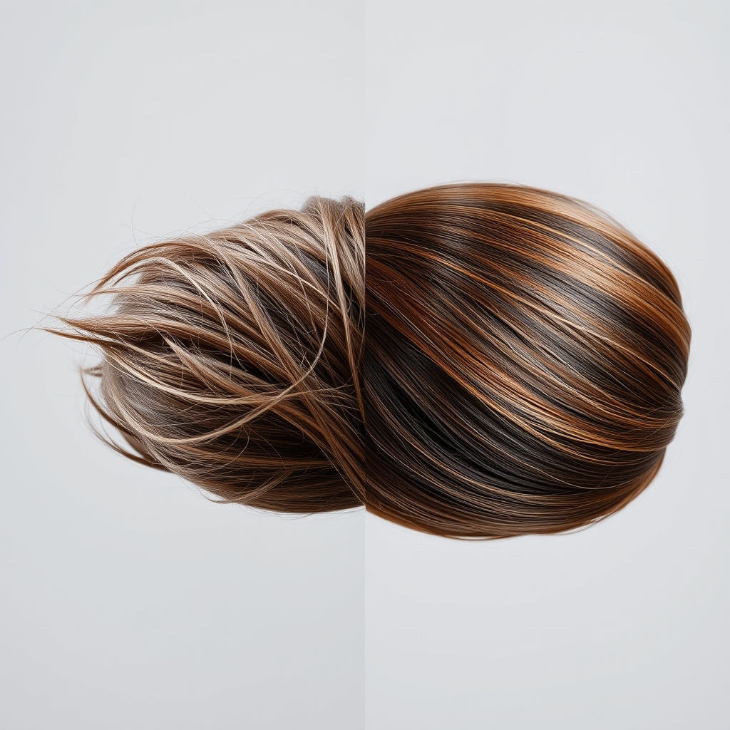 Armenian honey hair treatment — Side-by-side close-up comparison of dry frizzy hair strands versus smooth glossy conditioned hair strands on grey background