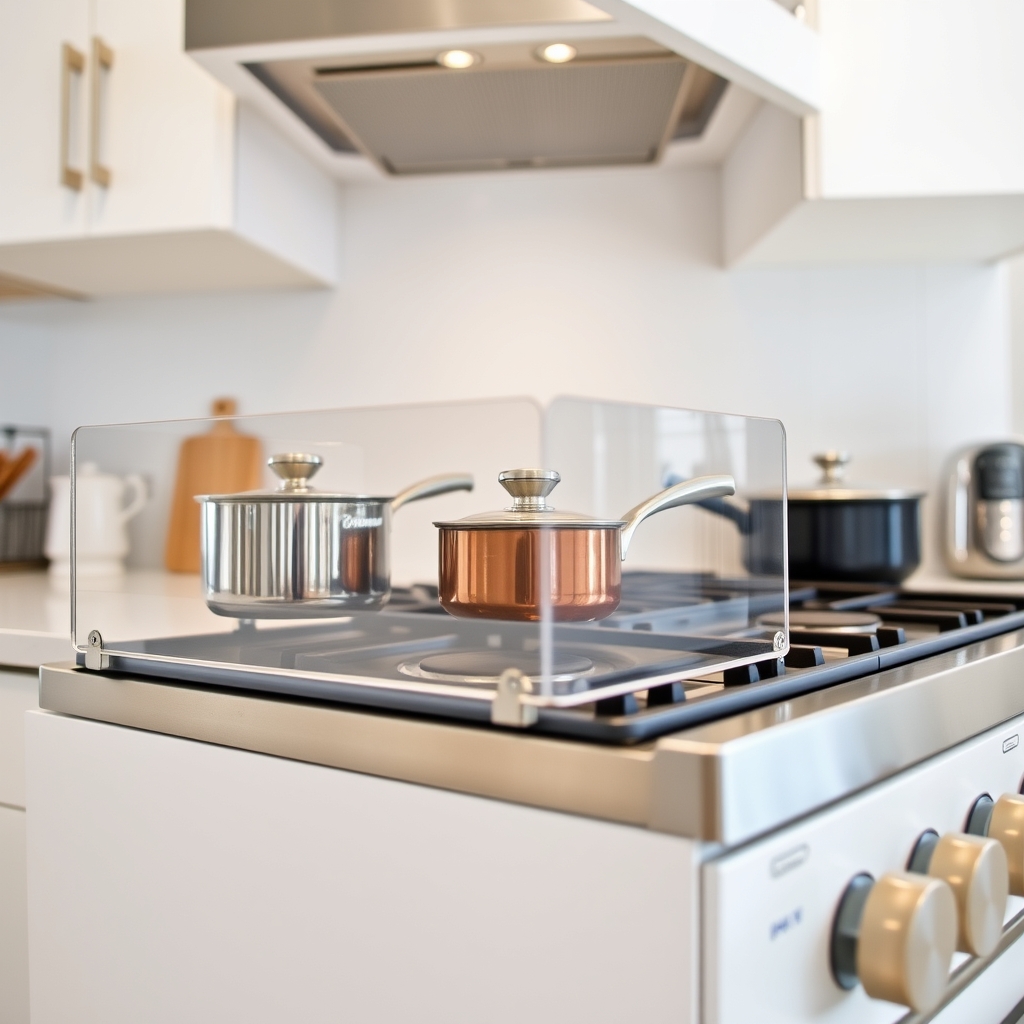 baby safety gates — Kitchen stove with a safety cooktop guard installed and all pot handles turned inward toward the back burners.