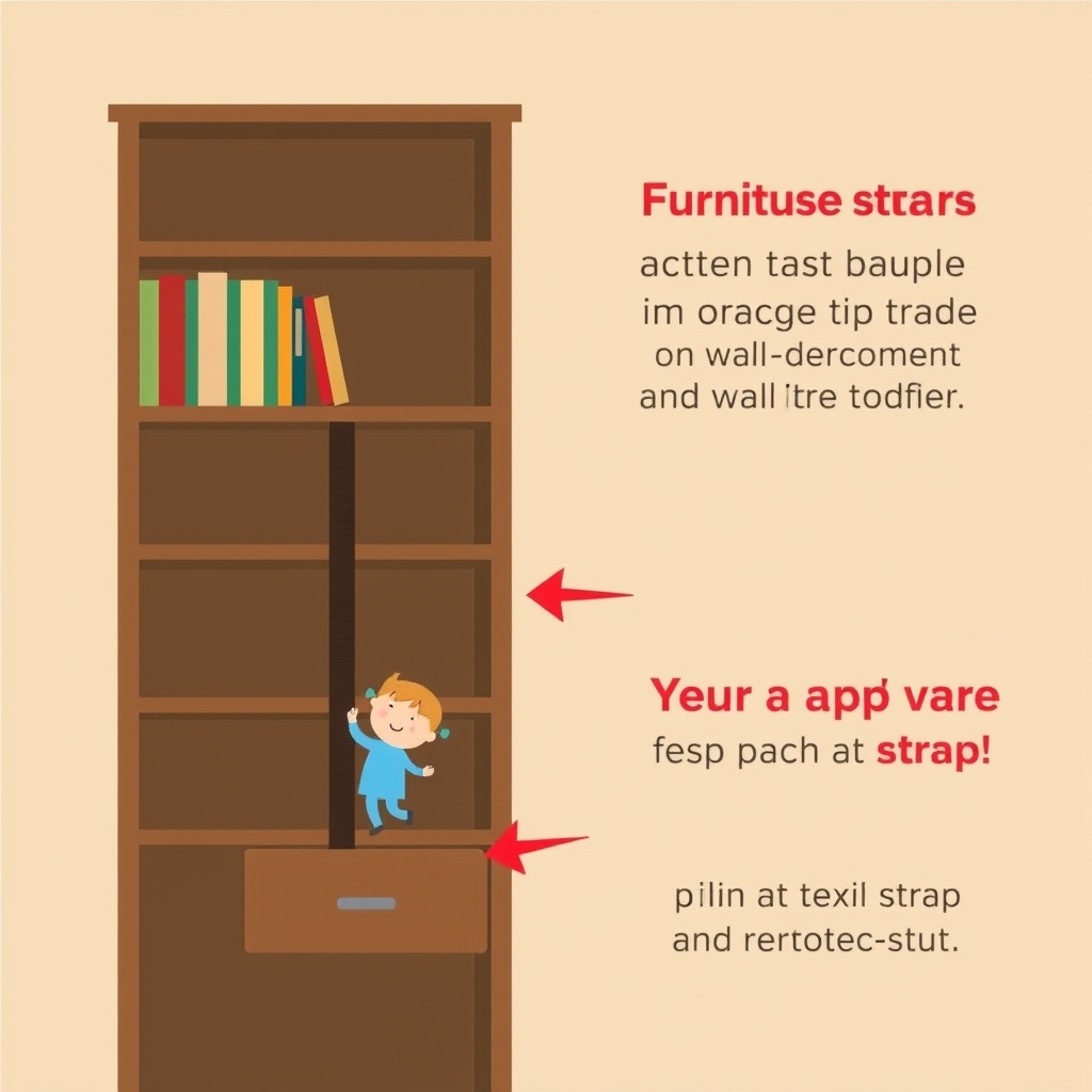babyproofing checklist — Infographic of a bookshelf anchored to a wall stud with a furniture strap, showing a toddler pulling a drawer and tip-over force arrows.