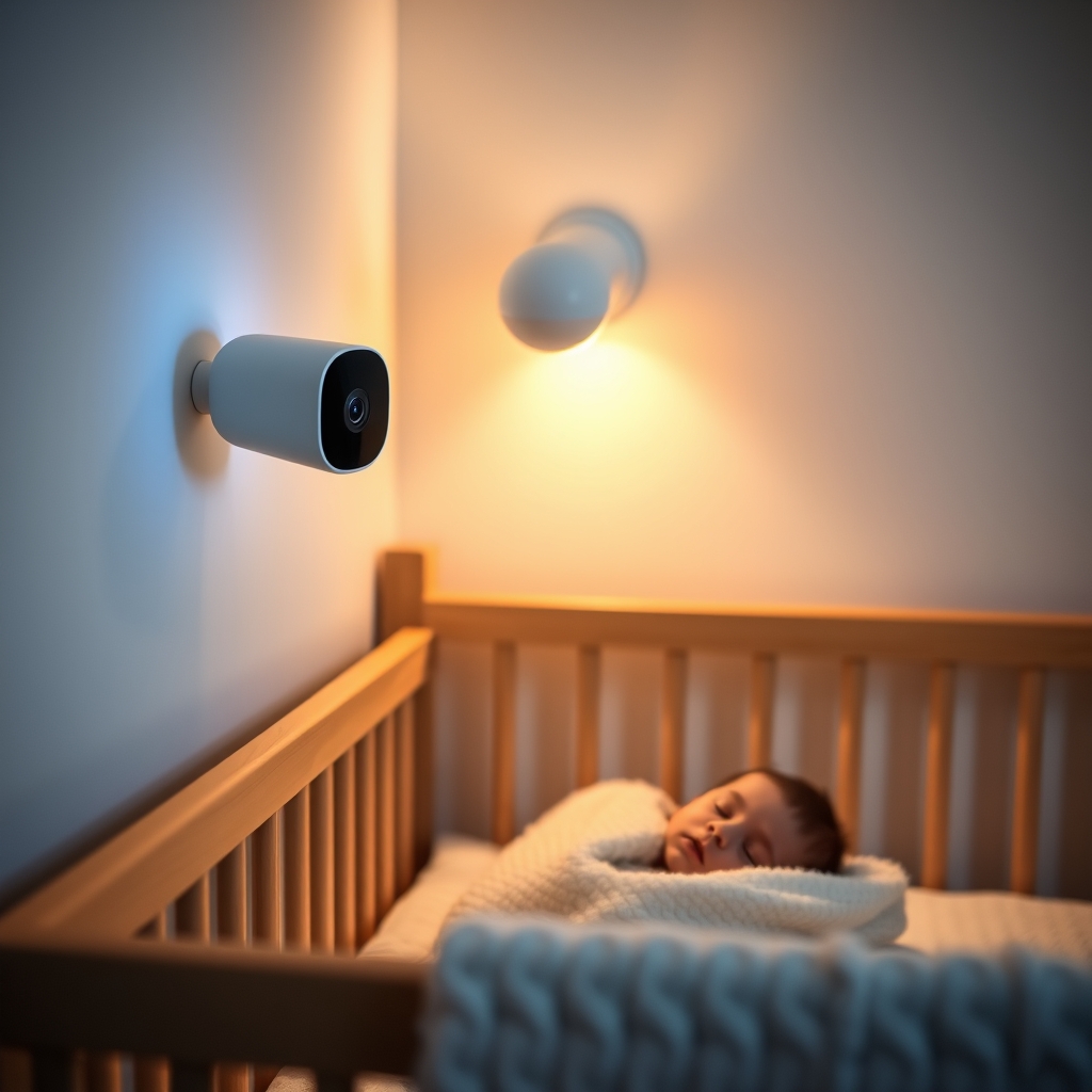 WiFi baby monitor mounted above a wooden crib in a softly lit nursery, infant sleeping peacefully below.