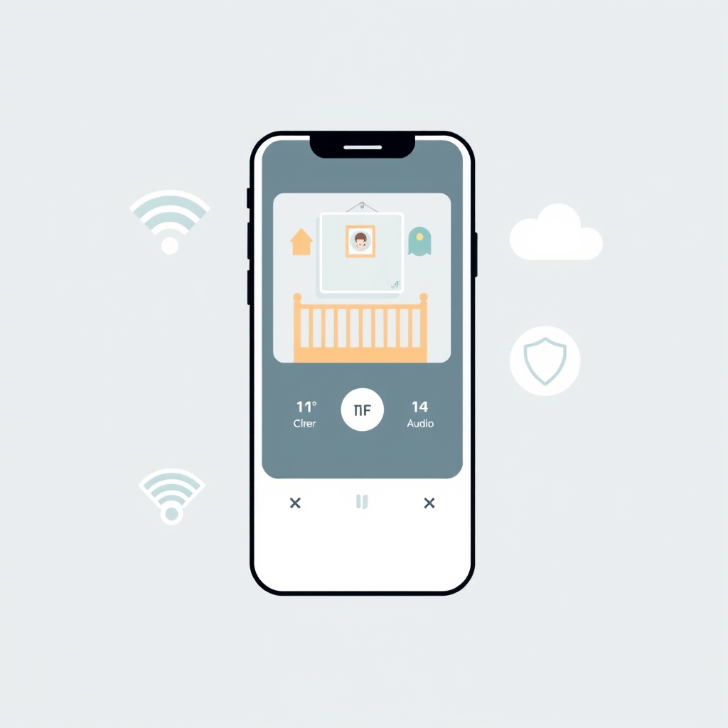 Illustration of a baby monitor smartphone app showing live video feed, temperature readout, privacy shield, and cloud storage icons.