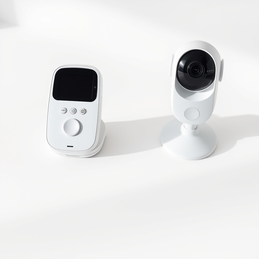 Two baby monitor types side by side: a handheld closed-system parent unit on the left and a WiFi tabletop camera on the right.