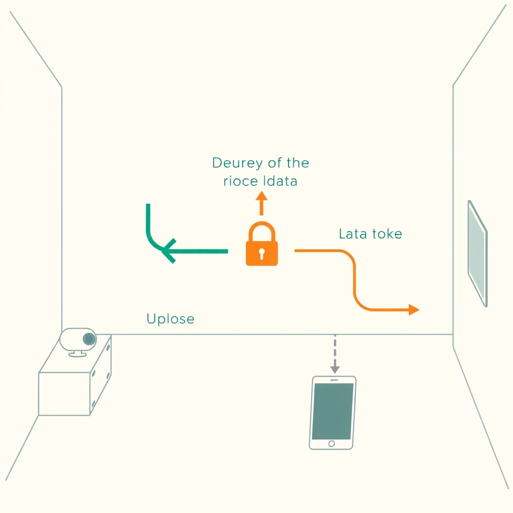Diagram illustrating three baby monitor data paths: local network, blocked cloud upload, and direct device link with privacy icons.