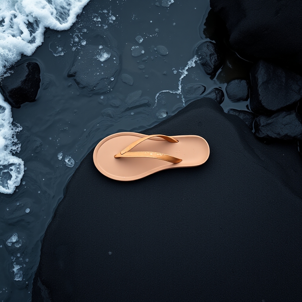 best beach sandals — A slim rubber sandal sitting on wet volcanic rock beside clear shallow ocean water with water droplets on the straps.