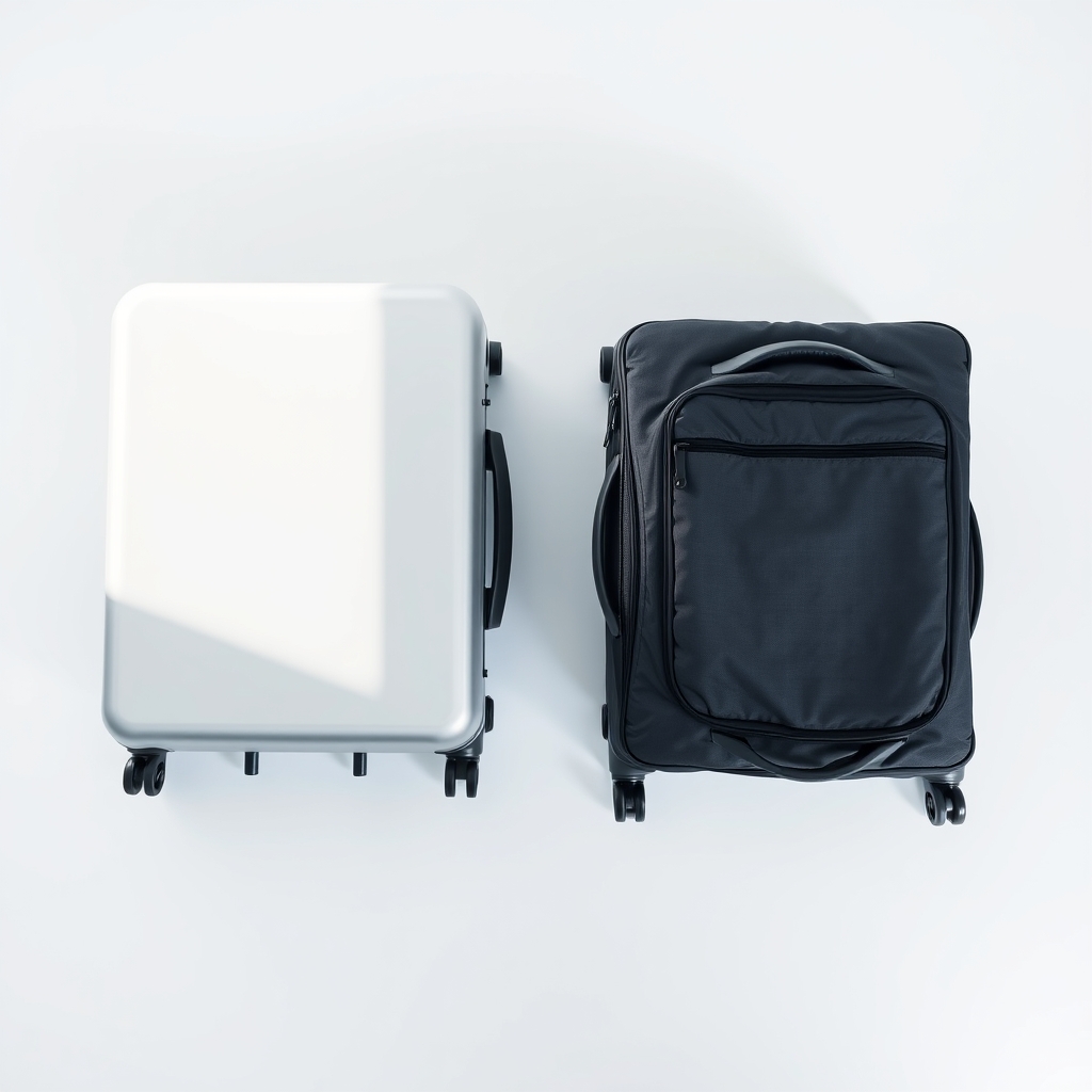 best carry-on luggage — Side-by-side overhead photo of an open hard polycarbonate suitcase with a visible dent next to an open ballistic nylon soft-sided bag.
