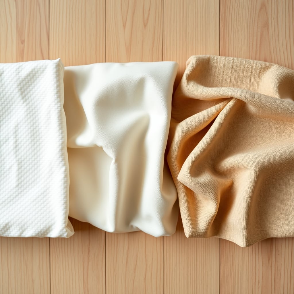 best crib sheets for newborns — Overhead close-up of three organic cotton fabric swatches showing percale, sateen, and jersey knit weave textures side by side.