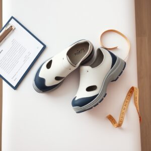 best diabetic shoes — Wide-toe-box diabetic therapeutic shoes on a medical exam table beside a clipboard and measuring tape.