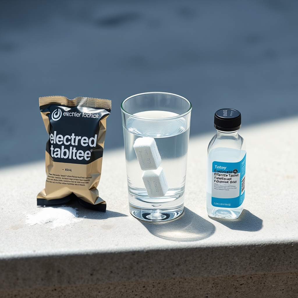 best electrolyte drinks — Three electrolyte formats side by side: a torn powder packet, a tablet dissolving in water, and a liquid concentrate bottle on grey stone.