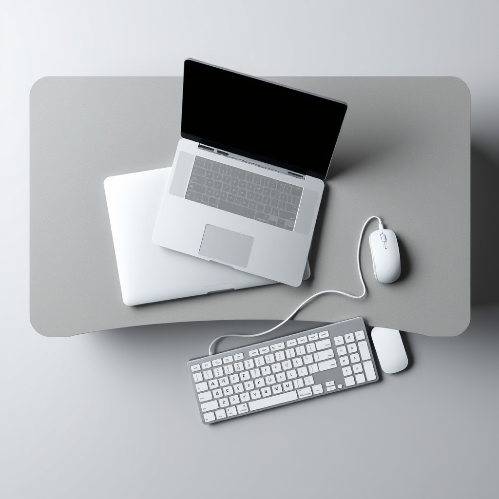 best ergonomic desk — Overhead view of an organized desk surface with cable management tray keeping cords neatly bundled beneath the desktop
