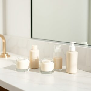 best face moisturizer — Assorted face moisturizer jars and pump bottles arranged on a marble bathroom vanity in soft natural light.