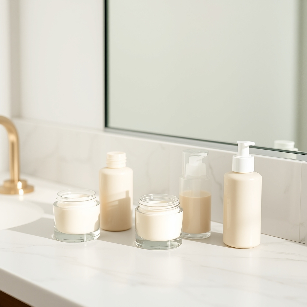 best face moisturizer — Assorted face moisturizer jars and pump bottles arranged on a marble bathroom vanity in soft natural light.