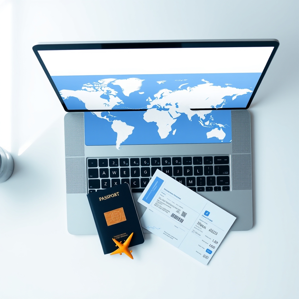 Overhead view of laptop showing flight route map alongside passport and boarding pass on a white desk.