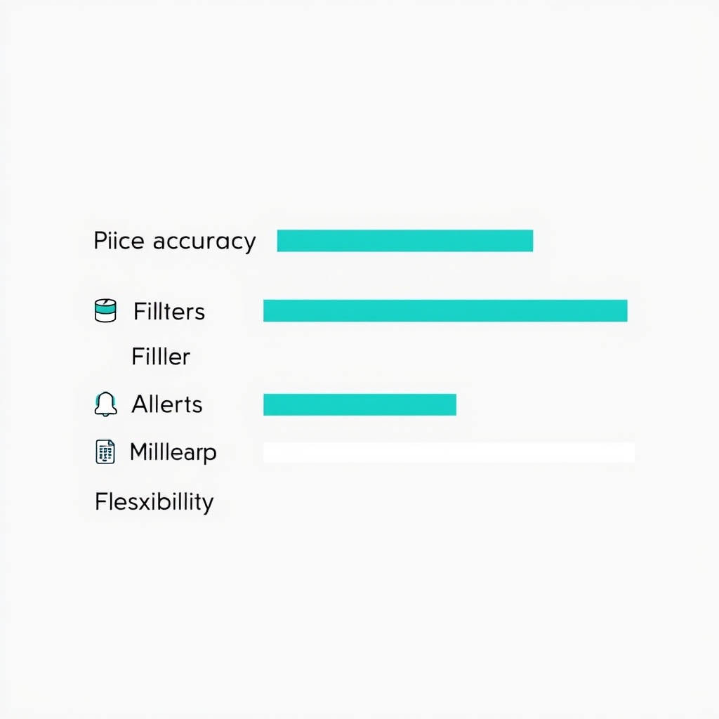 Five-row icon chart illustrating key criteria for evaluating flight search engines including price accuracy and filters.