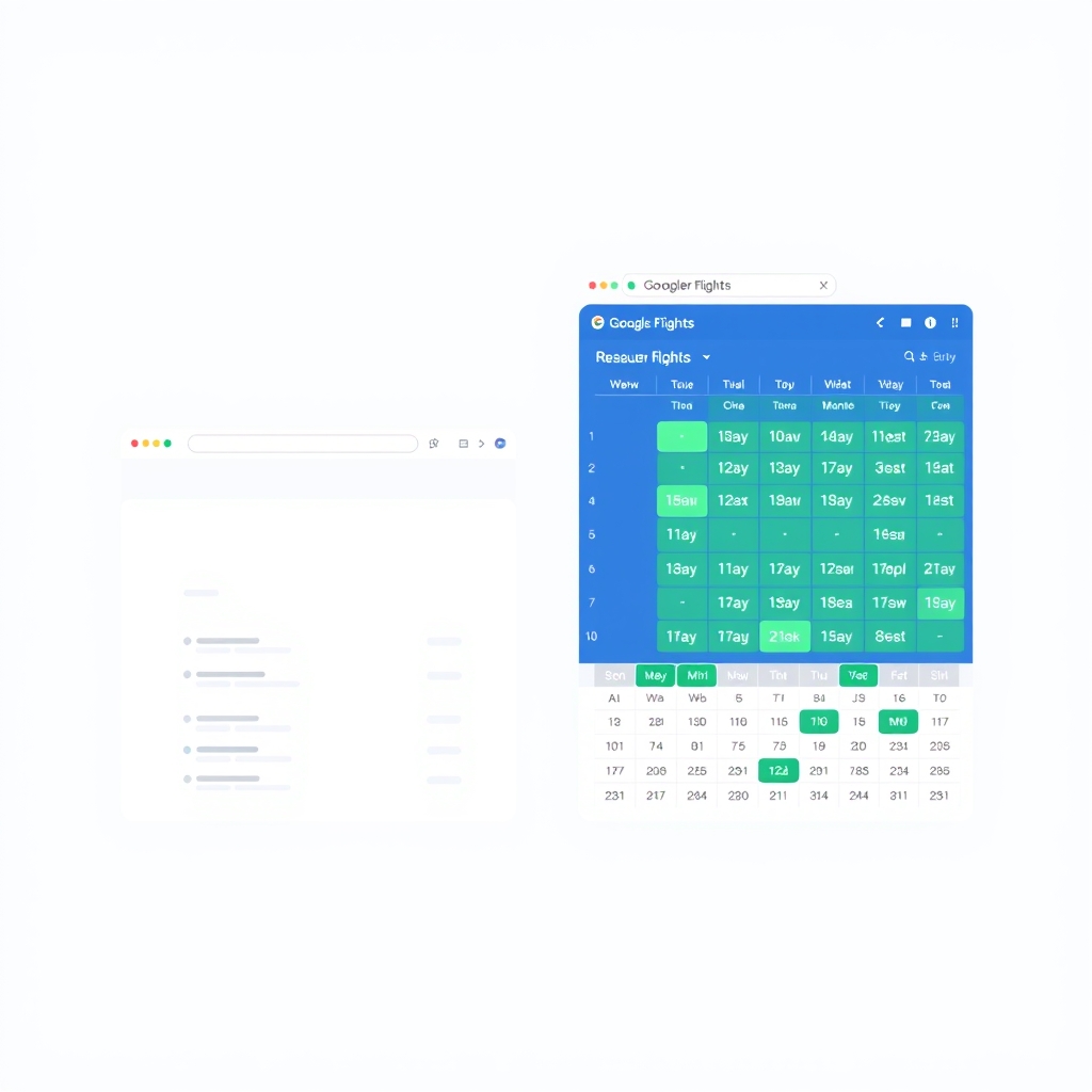 Split-screen illustration comparing a minimal flight search interface with a flexible monthly fare calendar view.