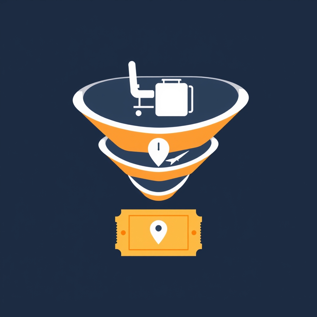 Funnel diagram with layered filter icons representing flight duration, seat class, baggage, airline, and airport preferences.