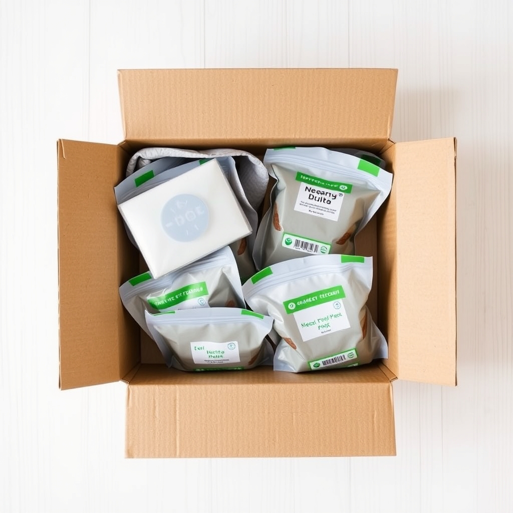 best fresh dog food delivery — Overhead view of an open fresh dog food delivery box showing four sealed meal pouches and an ice pack on a wood surface.