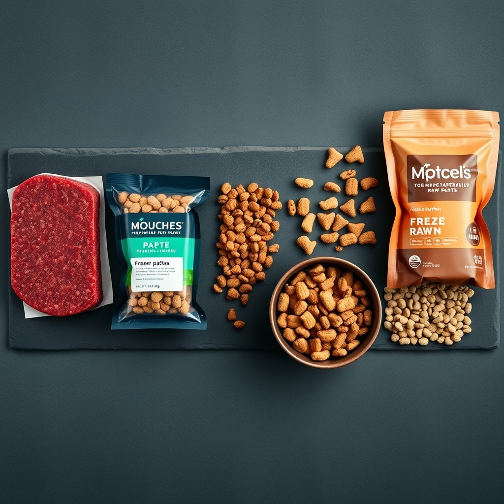 Overhead view of five grain-free dog food formats arranged on slate: raw frozen, freeze-dried, fresh pouches, kibble, and rehydrated raw