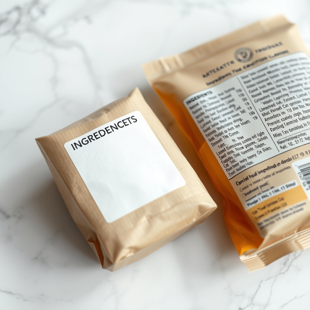 Two dog food ingredient labels side by side on marble: one with six short lines, one dense with dozens of ingredients