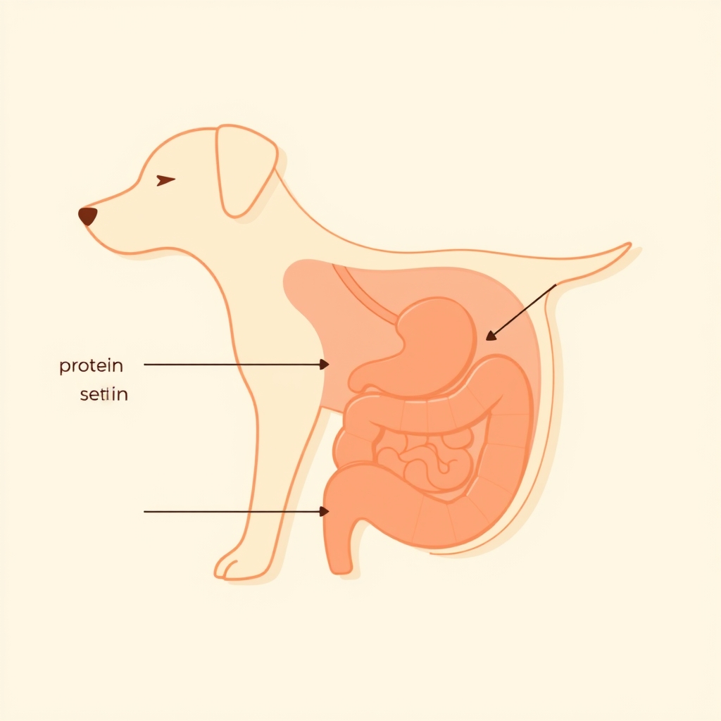 Anatomical editorial illustration of a dog's digestive system highlighting protein digestion, fat processing, and gut flora zones
