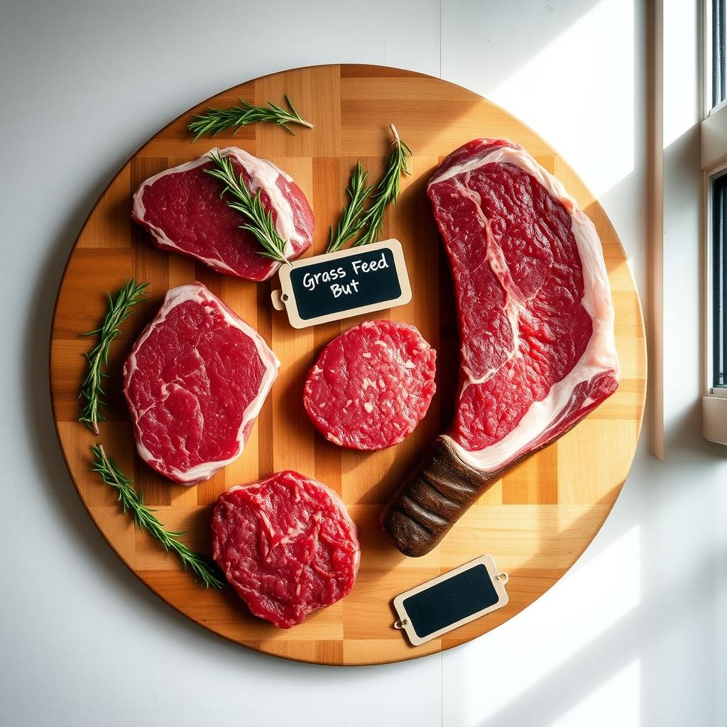 Overhead view of premium grass-fed beef cuts arranged on a wooden butcher block with fresh rosemary, natural lighting