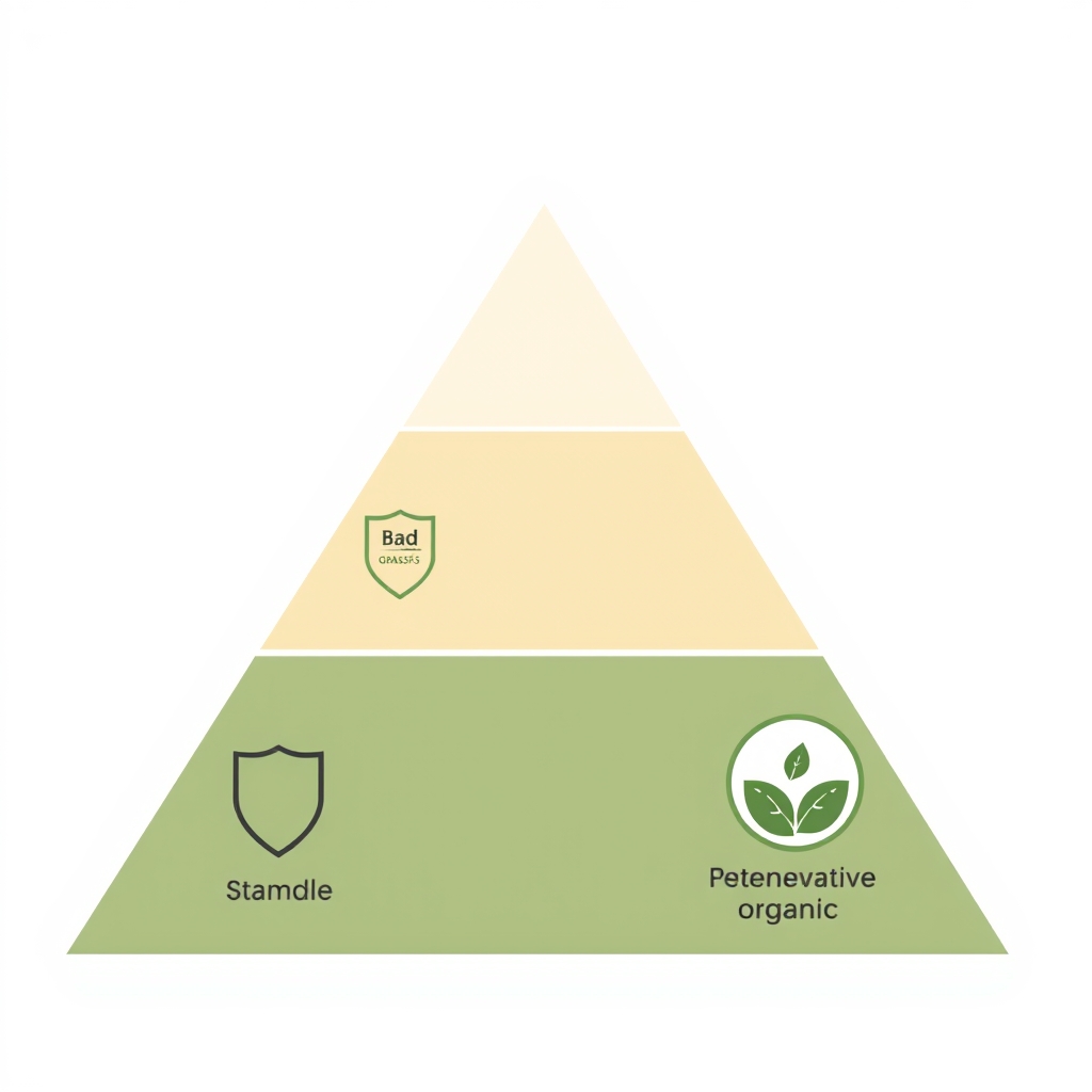 Three-tier pyramid illustration comparing levels of grass-fed beef certification from basic to regenerative organic, flat style