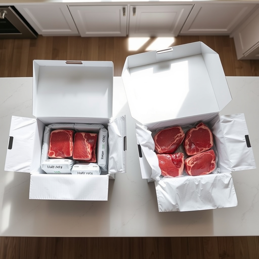 Two open insulated meat delivery boxes side by side on a kitchen counter showing differences in packing and insulation quality
